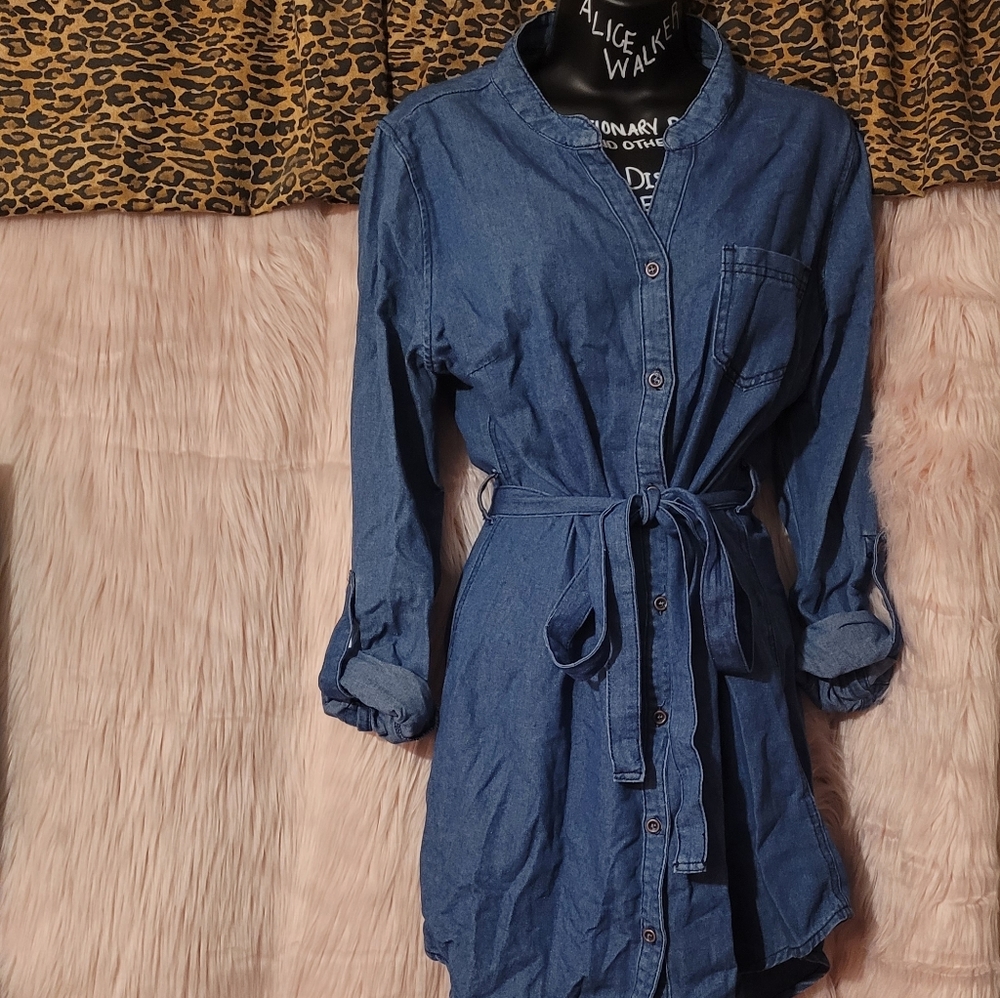Tie Waist Denim Shirt Dress
